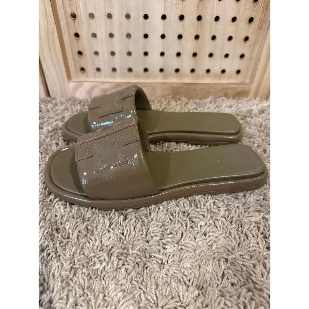 Tory Burch Double T Sport Slide Olive Green Patent Leather Size 6